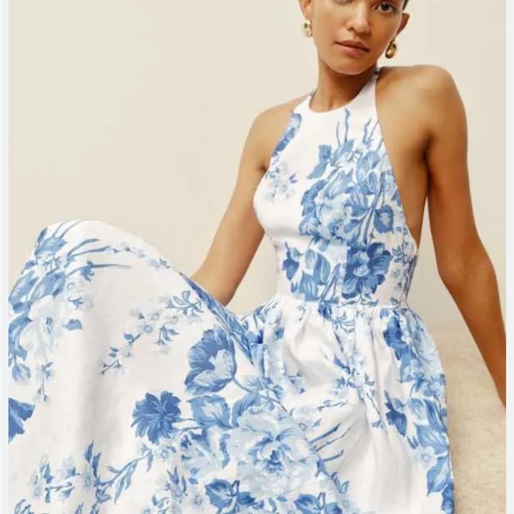 NWT Reformation Percy Linen Dress Blue Halter Floral $278 - Size 2
